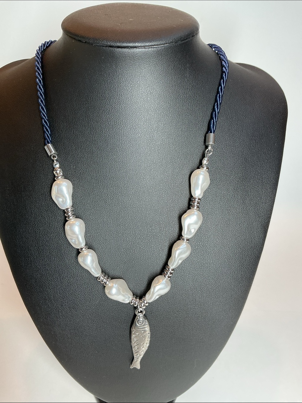 Silver Fish and Freshwater Pearl Necklace with Navy blue cord, adjustable